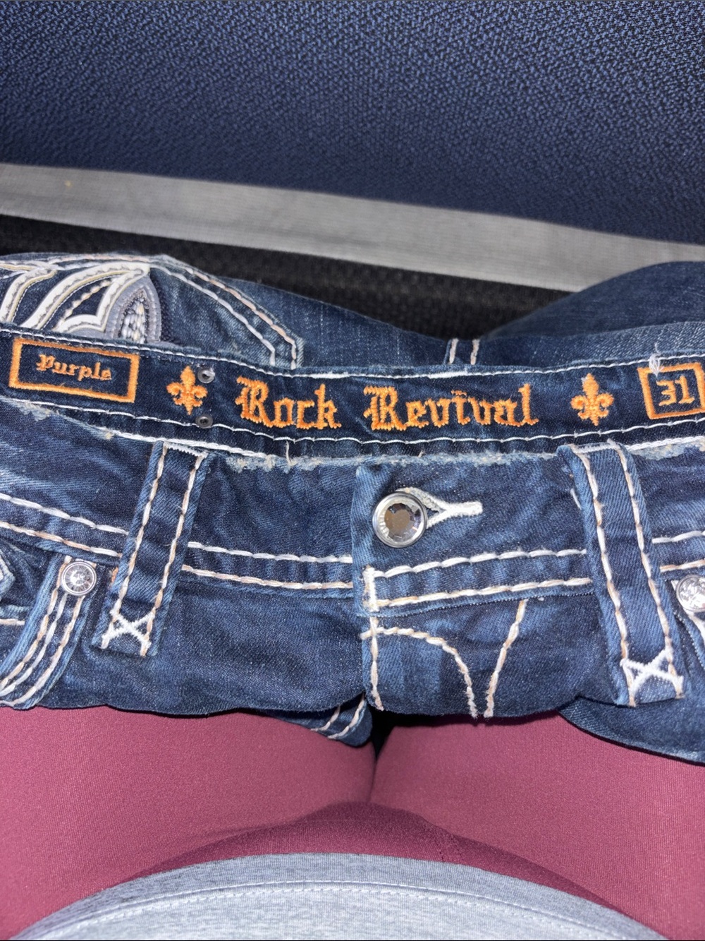 Rock Revival Slim Straight Dark Blue Denim Jeans with Orange Embroidery